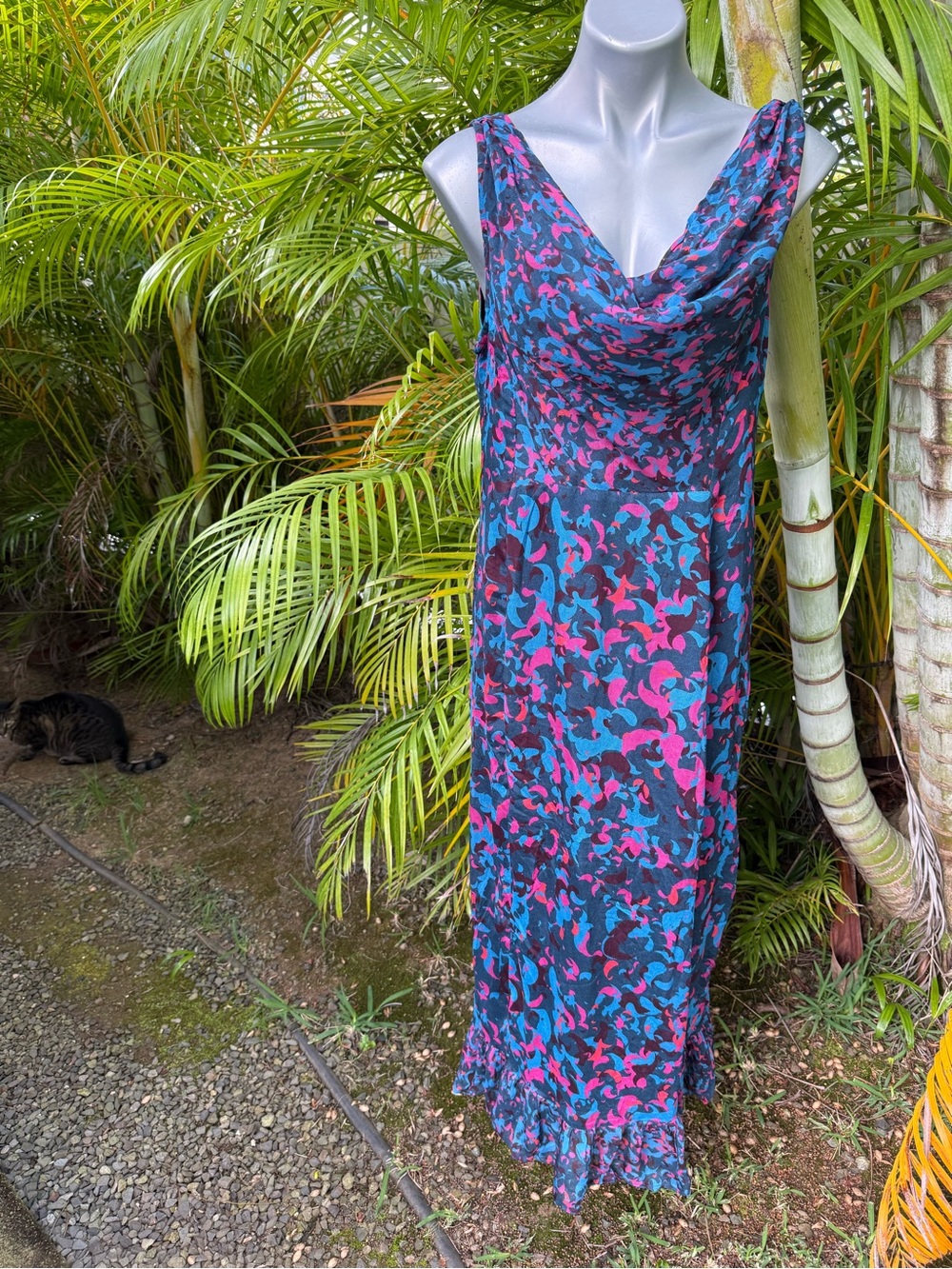 Anthropologie Teal and Pink Floral-Print Cowl Neck Maxi Dress